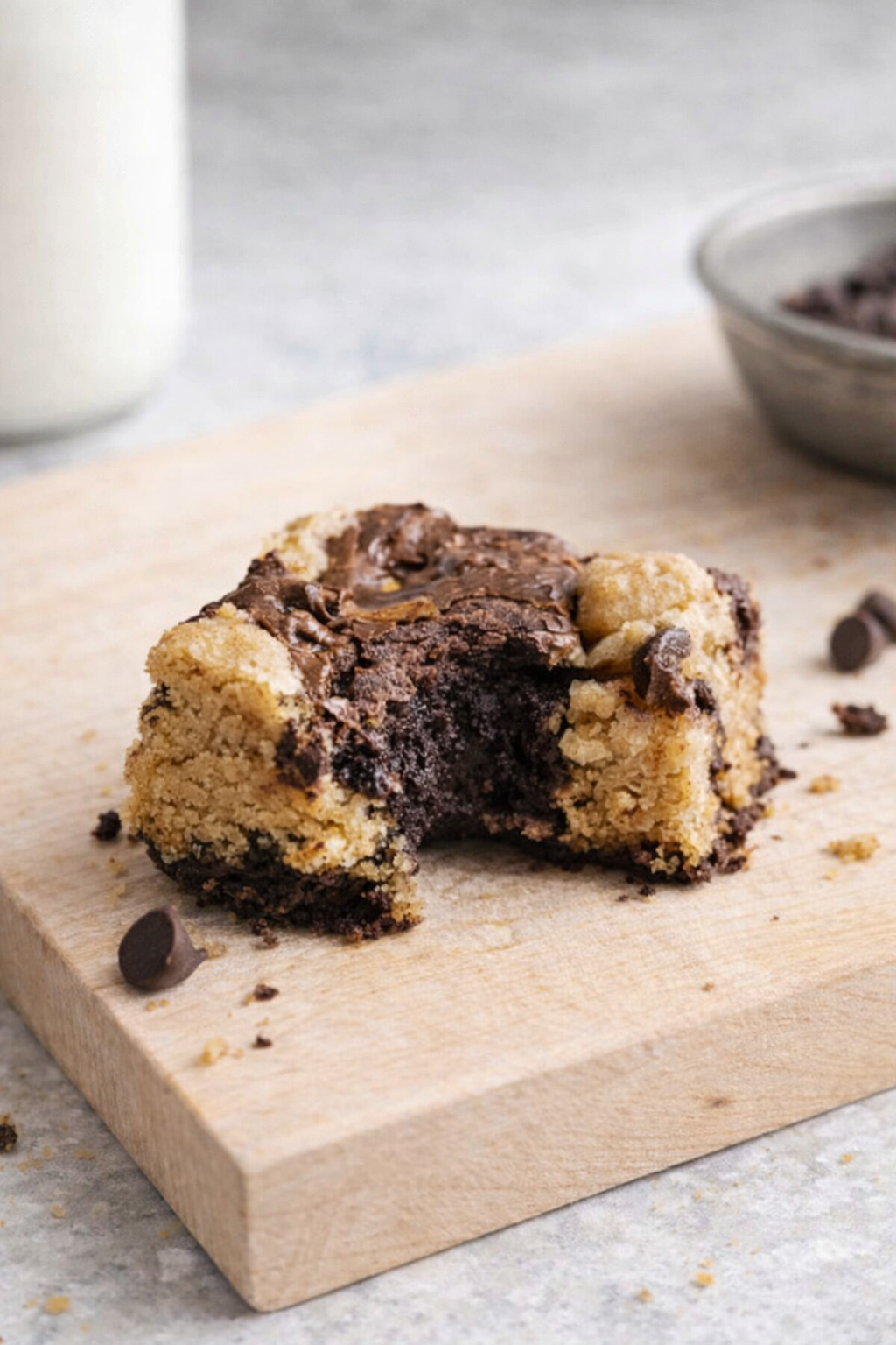 Brookie maison partiellement croqué sur planche en bois, mélange de brownie fondant et cookie doré, avec éclats de chocolat et verre de lait en arrière‑plan.