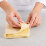 Mains de femme pliant une pâte feuilletée sur une table en marbre gris très clair dans une cuisine lumineuse. Gros plan sur des mains de femme en veste de pâtissière pliant une pâte feuilletée contenant une couche visible de beurre. La scène est photographiée sous un angle rapproché et frontal, avec une lumière douce et naturelle. Le plan de travail en marbre gris très clair et l’arrière-plan épuré mettent en valeur la texture de la pâte et le geste artisanal de préparation pâtissière.