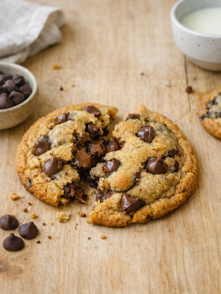 Cookie aux pépites de chocolat cassé en deux, posé sur une table en bois clair, montrant une texture maison avec quelques miettes autour et une lumière naturelle douce.