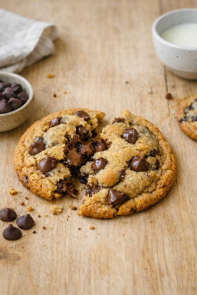 Cookie aux pépites de chocolat cassé en deux, posé sur une table en bois clair, montrant une texture maison avec quelques miettes autour et une lumière naturelle douce.