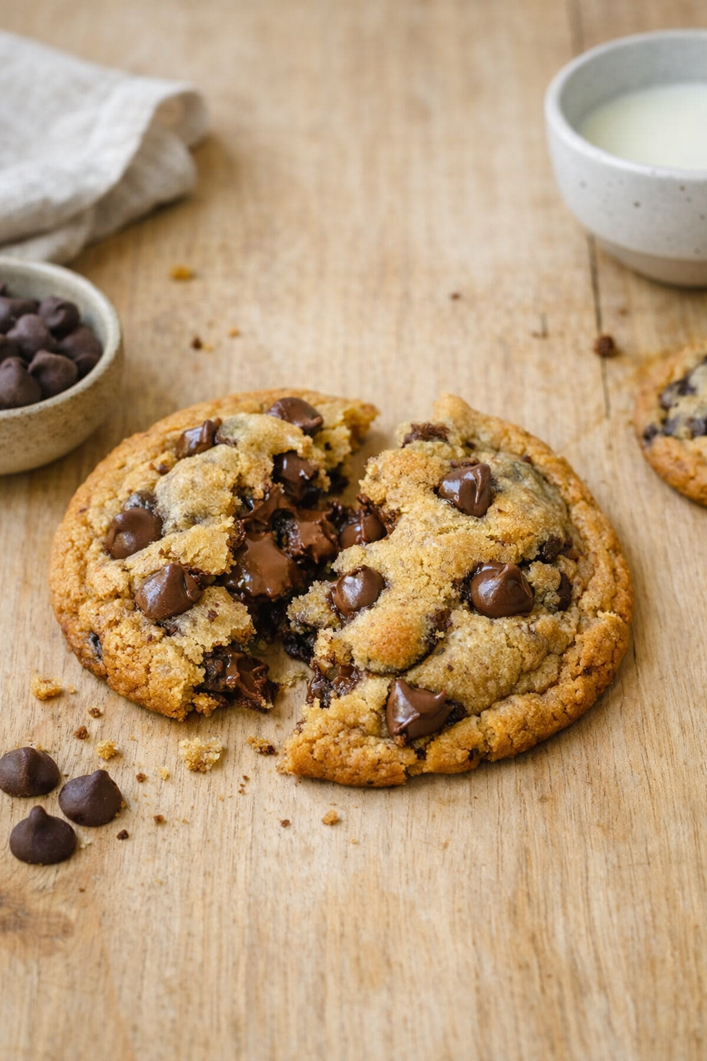 Cookie aux pépites de chocolat cassé en deux, posé sur une table en bois clair, montrant une texture maison avec quelques miettes autour et une lumière naturelle douce.