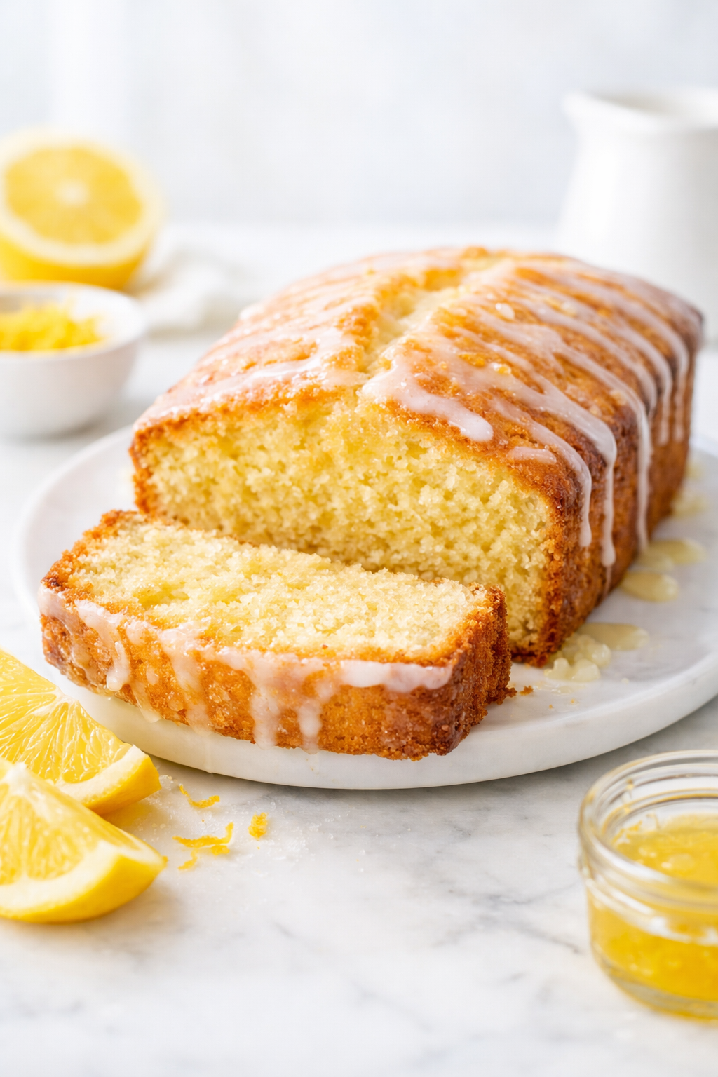 Gâteau au citron moelleux fait maison, nappé de glaçage au citron, avec une tranche coupée montrant l’intérieur fondant.
