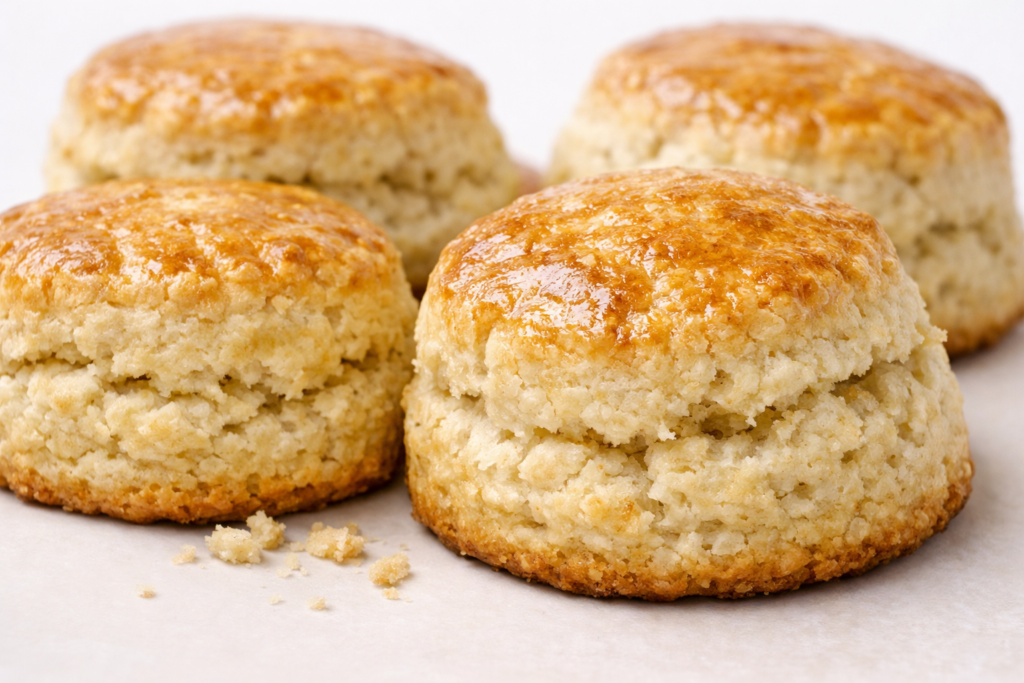 Gros plan sur scones anglais nature dorés et moelleux.