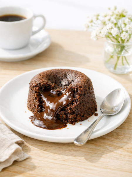 Fondant au chocolat au cœur coulant servi sur une assiette blanche avec une cuillère, accompagné d’une tasse de café et de fleurs blanches en arrière‑plan.