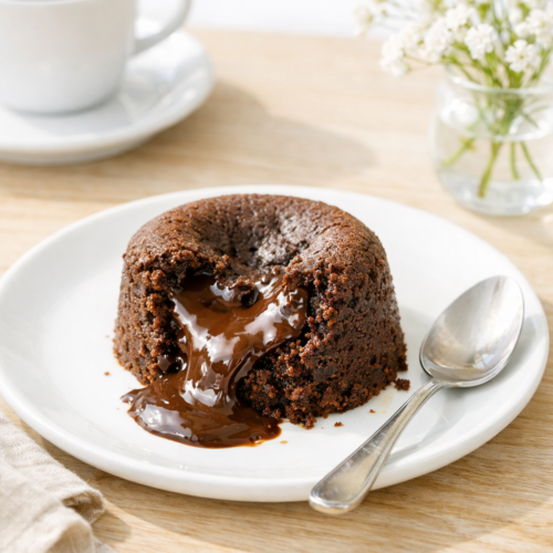 Fondant au chocolat au cœur coulant servi sur une assiette blanche avec une cuillère, accompagné d’une tasse de café et de fleurs blanches en arrière‑plan.