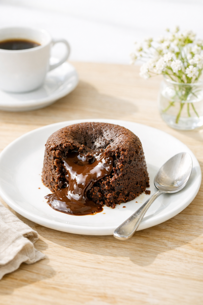 Fondant au chocolat au cœur coulant servi sur une assiette blanche avec une cuillère, accompagné d’une tasse de café et de fleurs blanches en arrière‑plan.