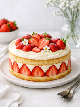 Fraisier maison photographié en lumière naturelle sur une assiette blanche, décor minimaliste et moderne, avec fraises fraîches et crème vanille, dans un style éditorial lumineux et professionnel.