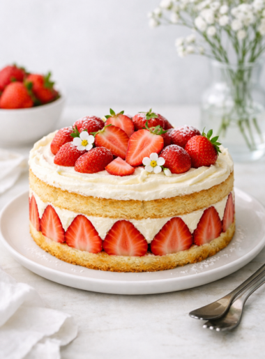 Fraisier maison photographié en lumiÚre naturelle sur une assiette blanche, décor minimaliste et moderne, avec fraises fraßches et crÚme vanille, dans un style éditorial lumineux et professionnel.