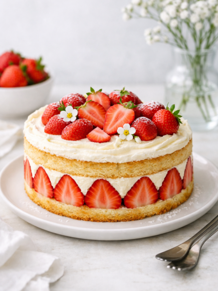 Fraisier maison photographié en lumière naturelle sur une assiette blanche, décor minimaliste et moderne, avec fraises fraîches et crème vanille, dans un style éditorial lumineux et professionnel.