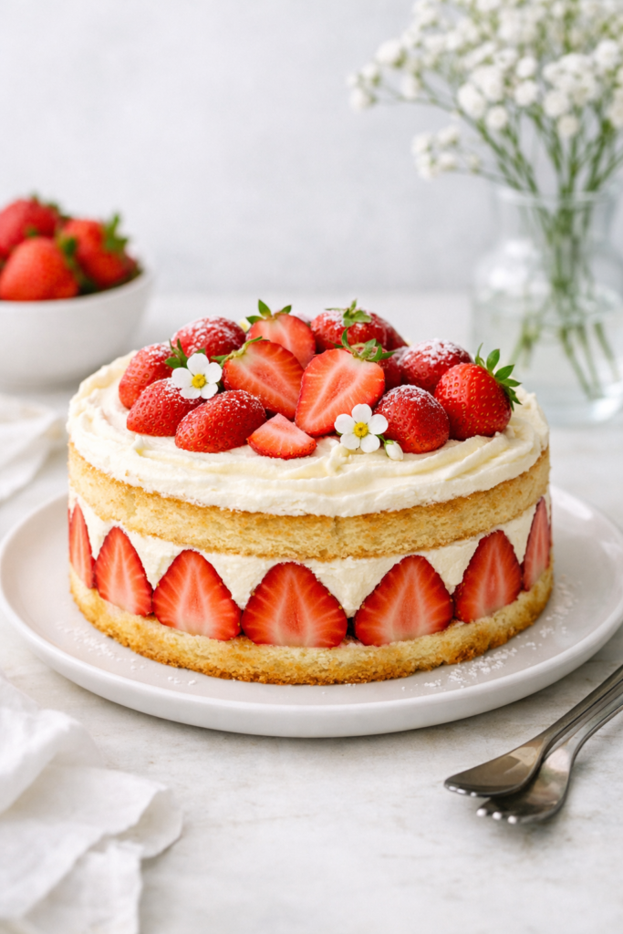 Fraisier maison photographié en lumière naturelle sur une assiette blanche, décor minimaliste et moderne, avec fraises fraîches et crème vanille, dans un style éditorial lumineux et professionnel.