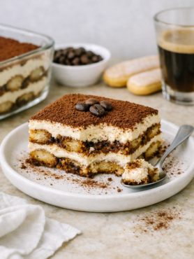 Part de tiramisu classique italien sur une assiette blanche, avec une cuillère contenant un morceau manquant, décor rustique et lumière naturelle, style éditorial gourmand.