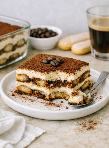Part de tiramisu classique italien sur une assiette blanche, avec une cuillÚre contenant un morceau manquant, décor rustique et lumiÚre naturelle, style éditorial gourmand.