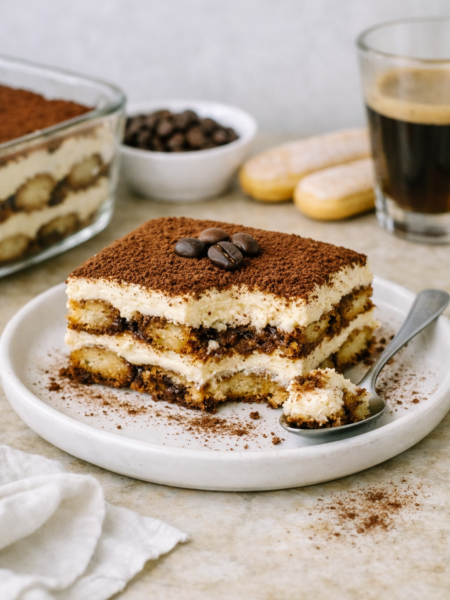 Part de tiramisu classique italien sur une assiette blanche, avec une cuillère contenant un morceau manquant, décor rustique et lumière naturelle, style éditorial gourmand.