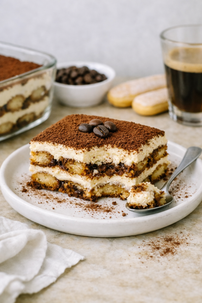 Part de tiramisu classique italien sur une assiette blanche, avec une cuillère contenant un morceau manquant, décor rustique et lumière naturelle, style éditorial gourmand.