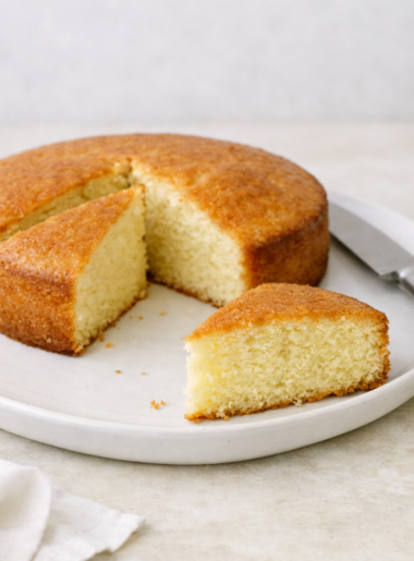 Gùteau au yaourt doré et moelleux sur une assiette blanche, avec une part découpée, éclairage naturel et décor minimaliste, style culinaire épuré et professionnel.