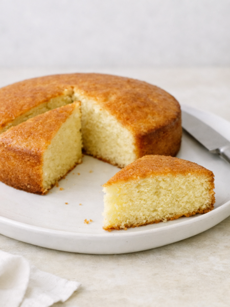 Gâteau au yaourt doré et moelleux sur une assiette blanche, avec une part découpée, éclairage naturel et décor minimaliste, style culinaire épuré et professionnel.