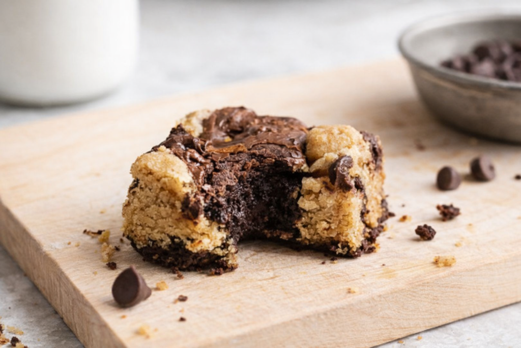 Brookie maison partiellement croqué, mélange fondant de pâte à brownie et pâte à cookie, posé sur une planche en bois clair avec quelques pépites de chocolat autour.
