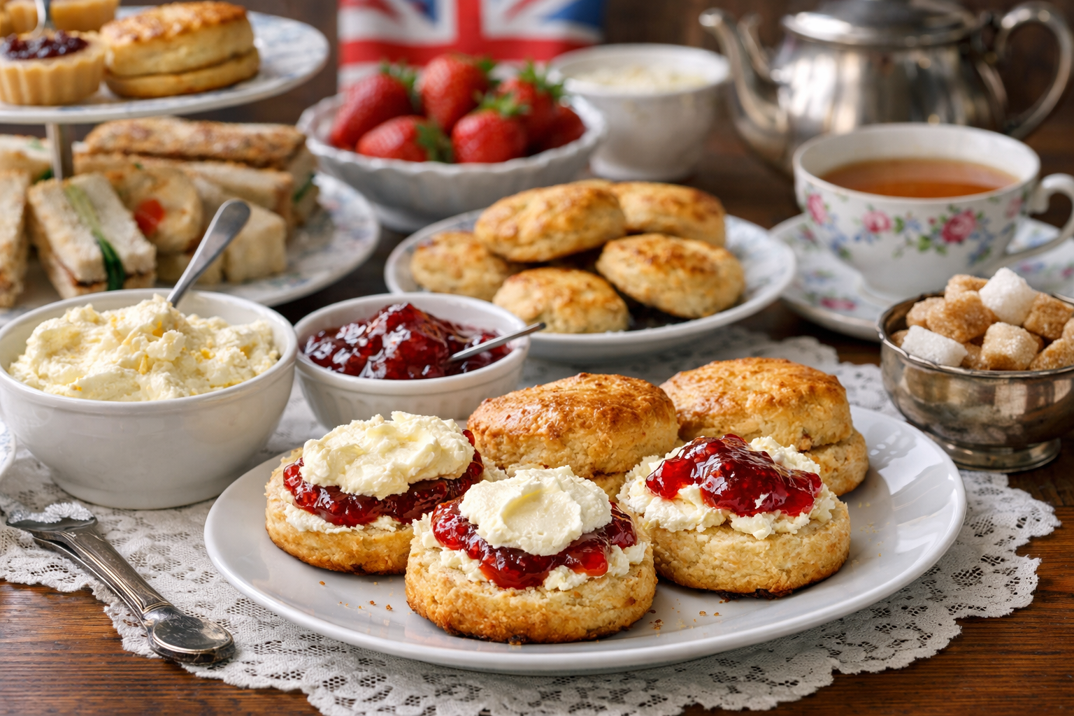Table de tea time anglais avec scones, clotted cream, confiture de fraises et thé servi dans une porcelaine fleurie.