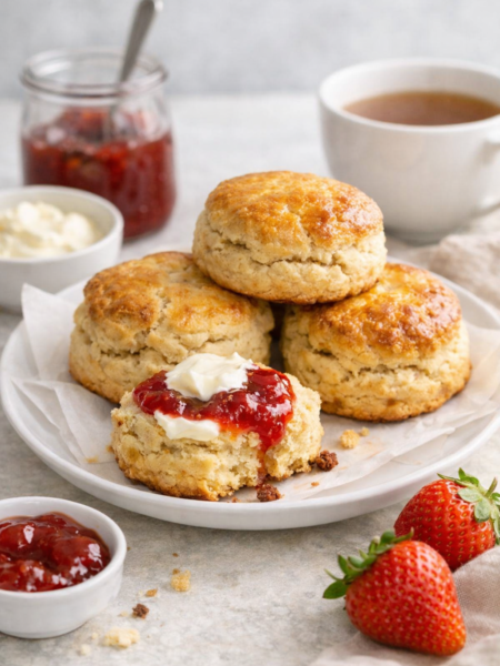 Scones anglais moelleux et dorés servis avec confiture de fraises et crème épaisse, sur assiette blanche dans une lumière naturelle de jour.