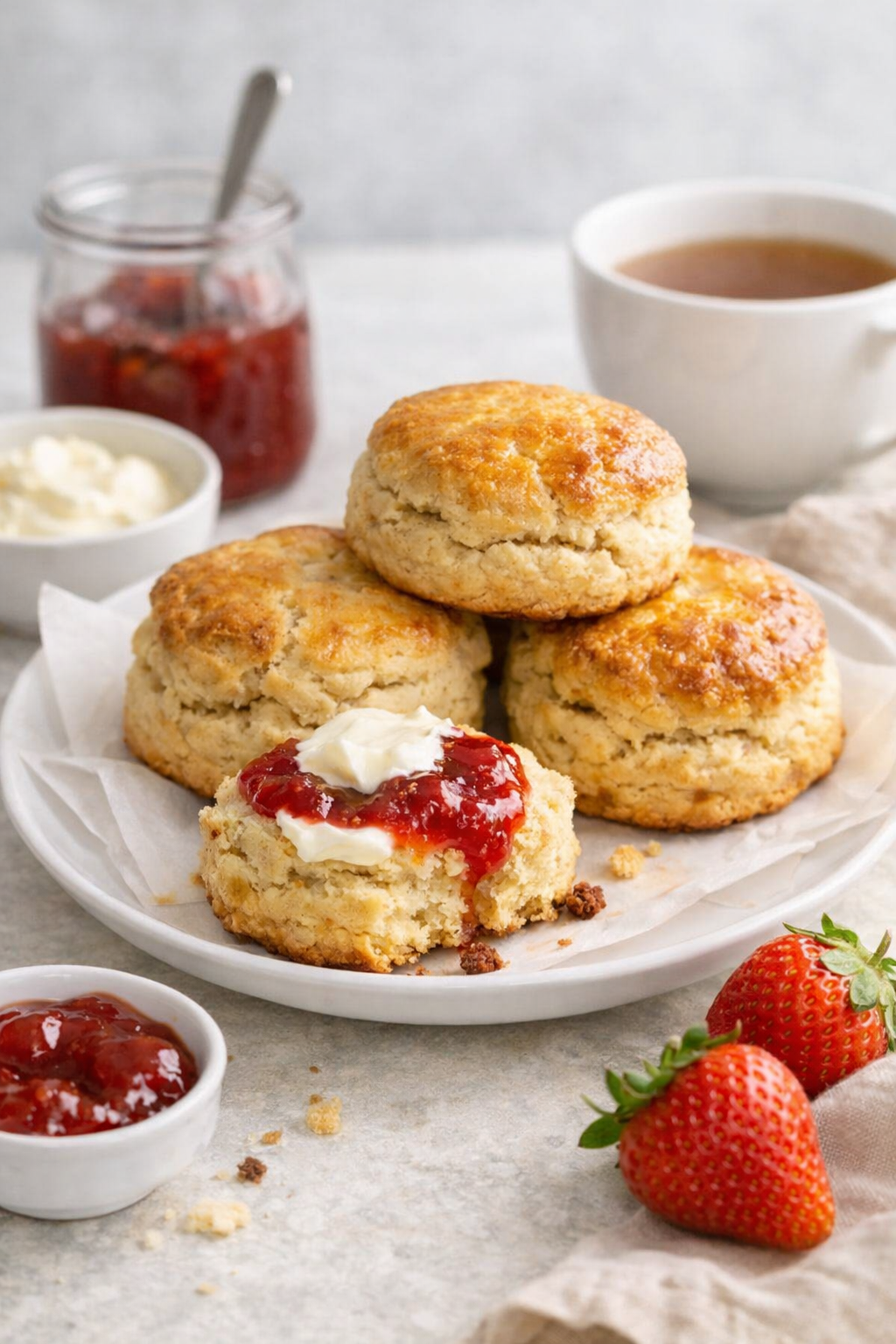 Scones anglais moelleux et dorés servis avec confiture de fraises et crème épaisse, sur assiette blanche dans une lumière naturelle de jour.
