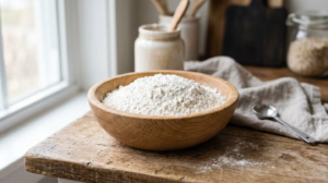 Bol en bois rempli de farine posé sur une table rustique près d’une fenêtre, éclairage naturel et ambiance de cuisine artisanale.