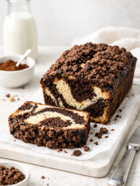 Cake marbré black and white avec streusel croustillant, photographié en lumière naturelle sur fond clair, texture moelleuse et marbrage chocolat‑vanille visible.