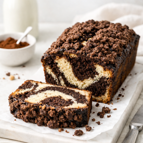 Cake marbré black and white avec streusel croustillant, photographié en lumière naturelle sur fond clair, texture moelleuse et marbrage chocolat‑vanille visible.