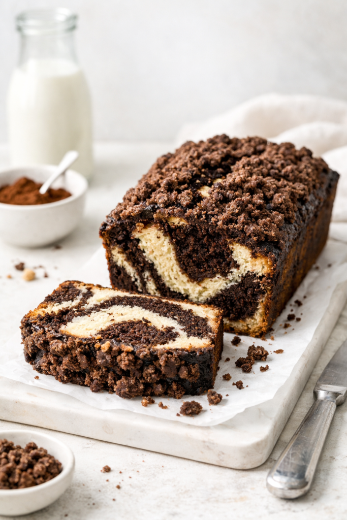 Cake marbré black and white avec streusel croustillant, photographié en lumière naturelle sur fond clair, texture moelleuse et marbrage chocolat‑vanille visible.