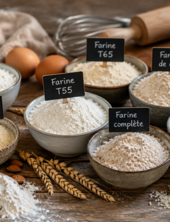 Différentes farines en pâtisserie dans des bols rustiques avec étiquettes T45 T55 T65 et alternatives sans gluten sur une table en bois