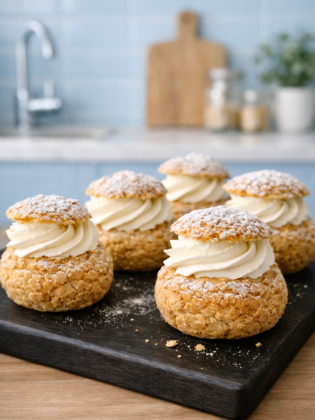Choux à la crème garnis de crème diplomate, posés sur un plateau en bois ébène noir, avec cuisine pastel bleue floutée en arrière‑plan.