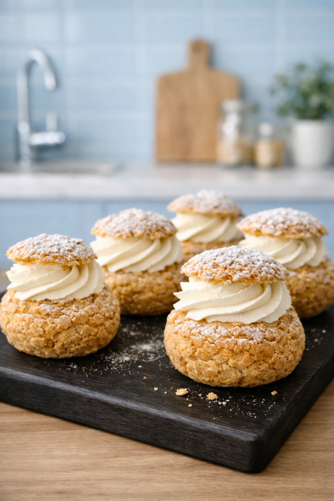 Choux à la crème garnis de crème diplomate, posés sur un plateau en bois ébène noir, avec cuisine pastel bleue floutée en arrière‑plan.