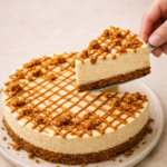 Cheesecake au spéculoos sans cuisson, décoré de filet de pâte de spéculoos et de miettes croustillantes, une part servie sur assiette.