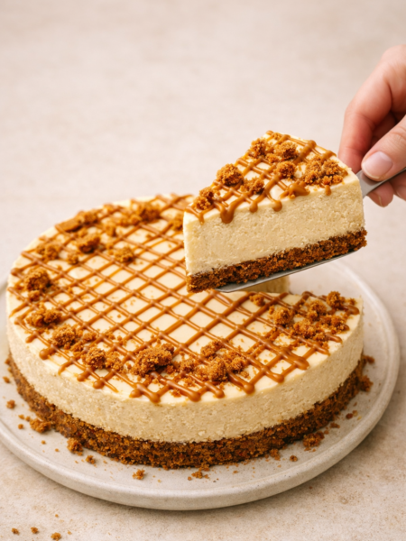 Cheesecake au spéculoos sans cuisson, décoré de filet de pâte de spéculoos et de miettes croustillantes, une part servie sur assiette.