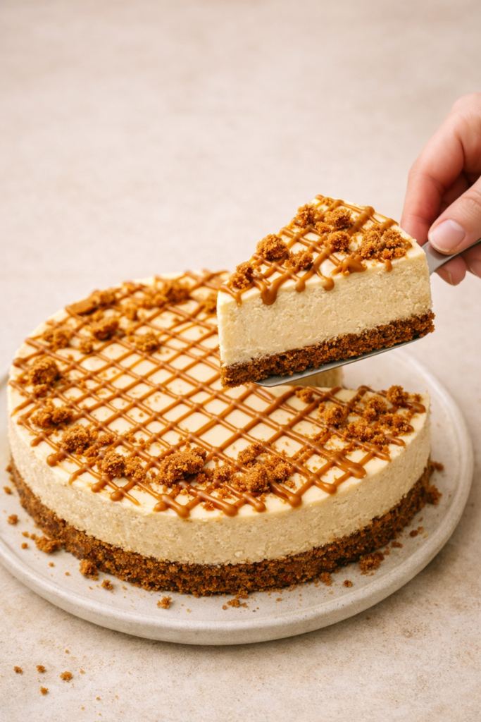 Cheesecake au spéculoos sans cuisson, décoré de filet de pâte de spéculoos et de miettes croustillantes, une part servie sur assiette.