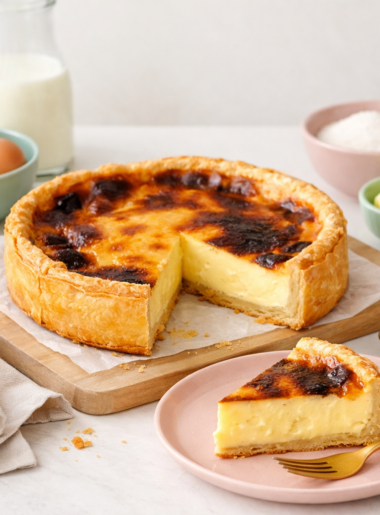 Flan traditionnel sur pùte feuilletée avec une part coupée, présenté sur vaisselle pastel dans une ambiance lumineuse.
