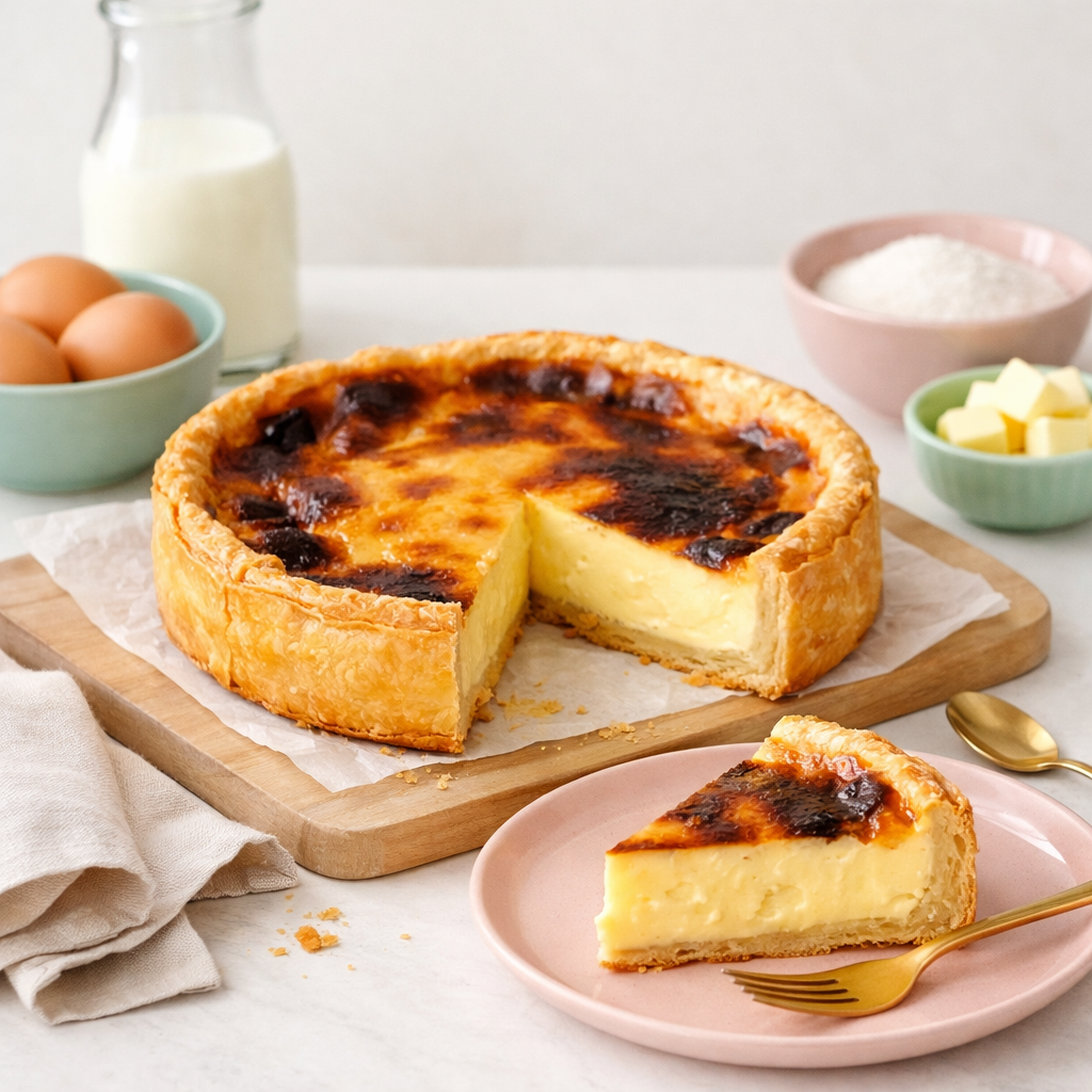 Flan traditionnel sur pâte feuilletée avec une part coupée, présenté sur vaisselle pastel dans une ambiance lumineuse.