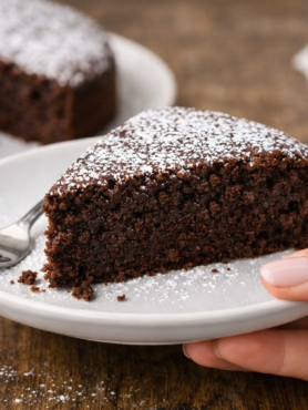 part de moelleux au chocolat fondant classique sur assiette tenue par une main de femme