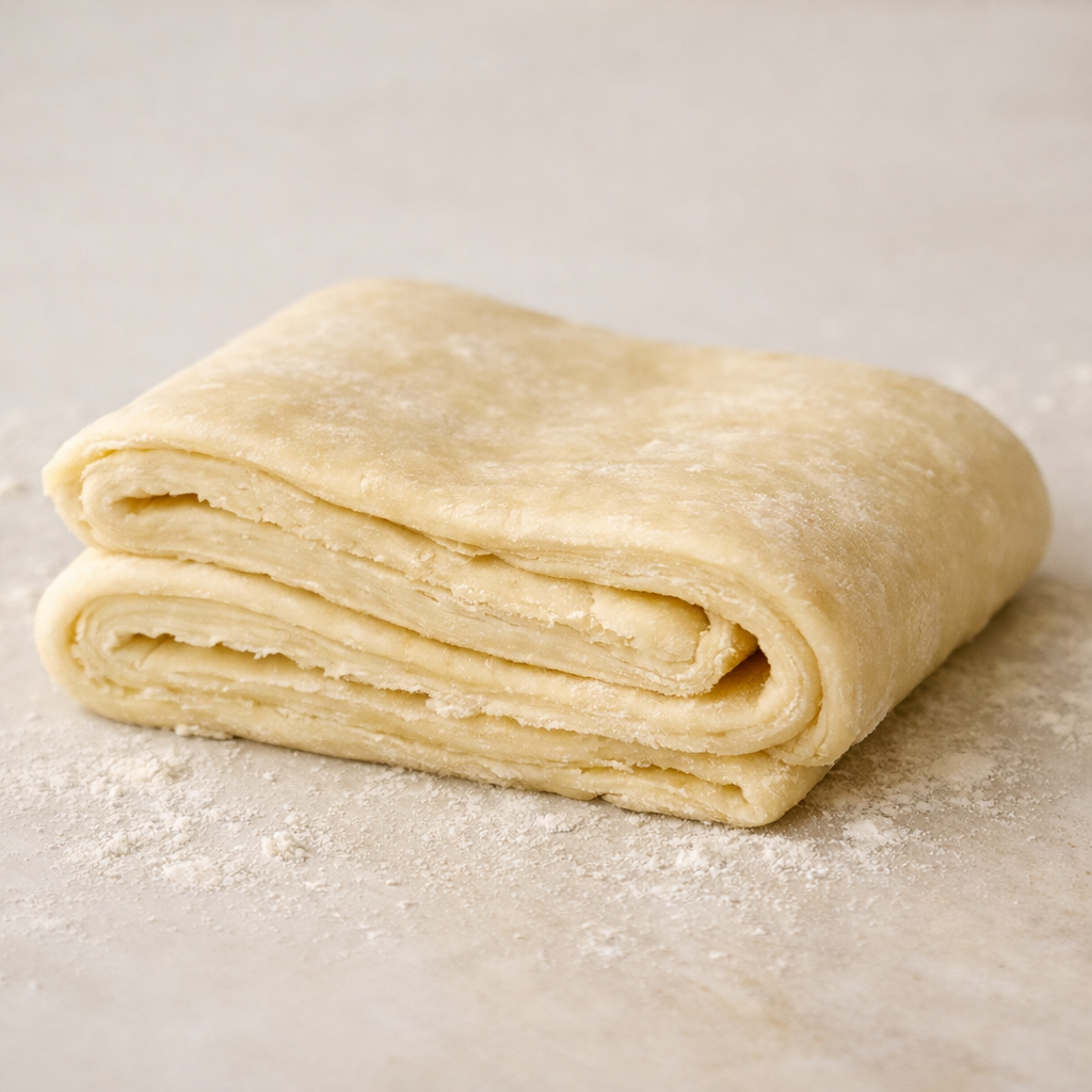 Bloc de pâte feuilletée pliée montrant les couches de laminage sur un plan fariné.