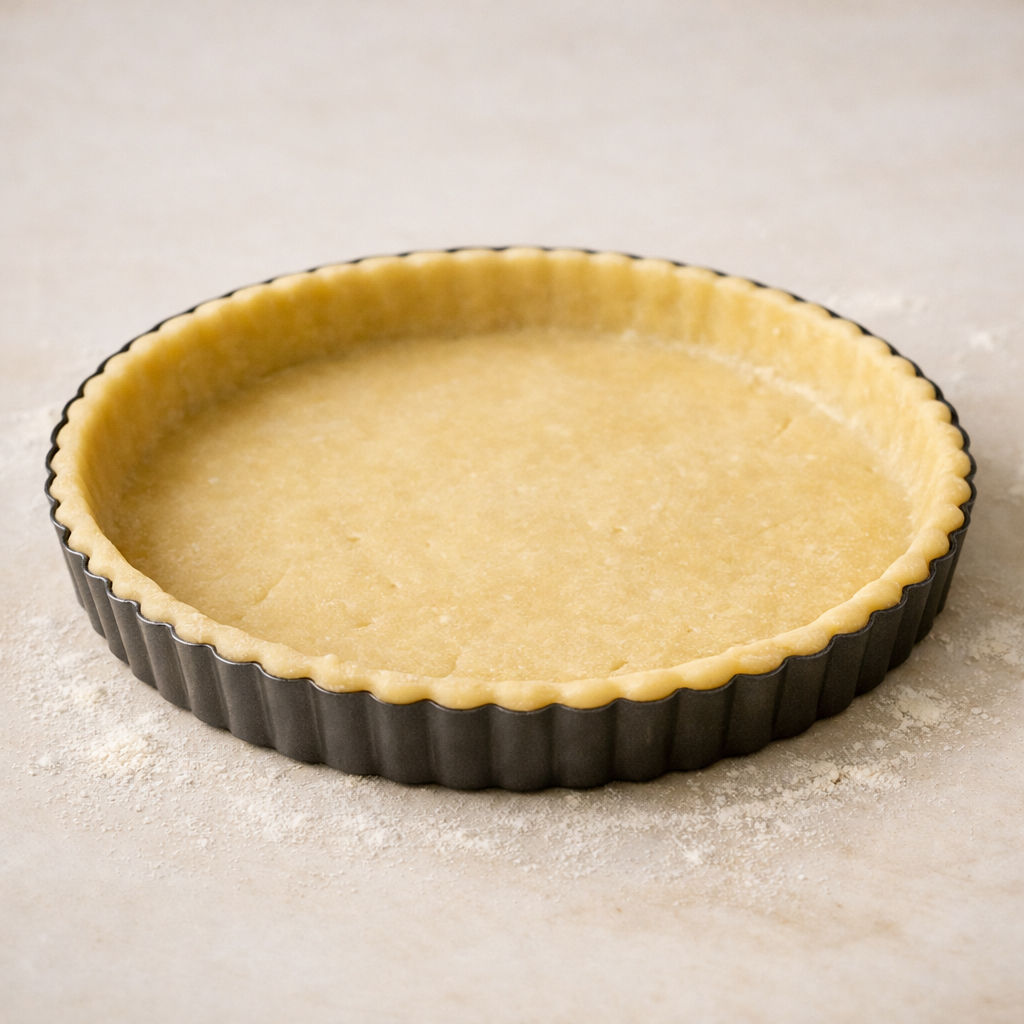 Fond de tarte en pâte sucrée pressé dans un moule à tarte.