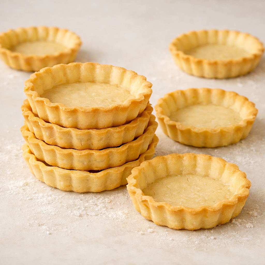 Fonds de tartelettes sablées cuits et empilés sur un plan légèrement fariné.
