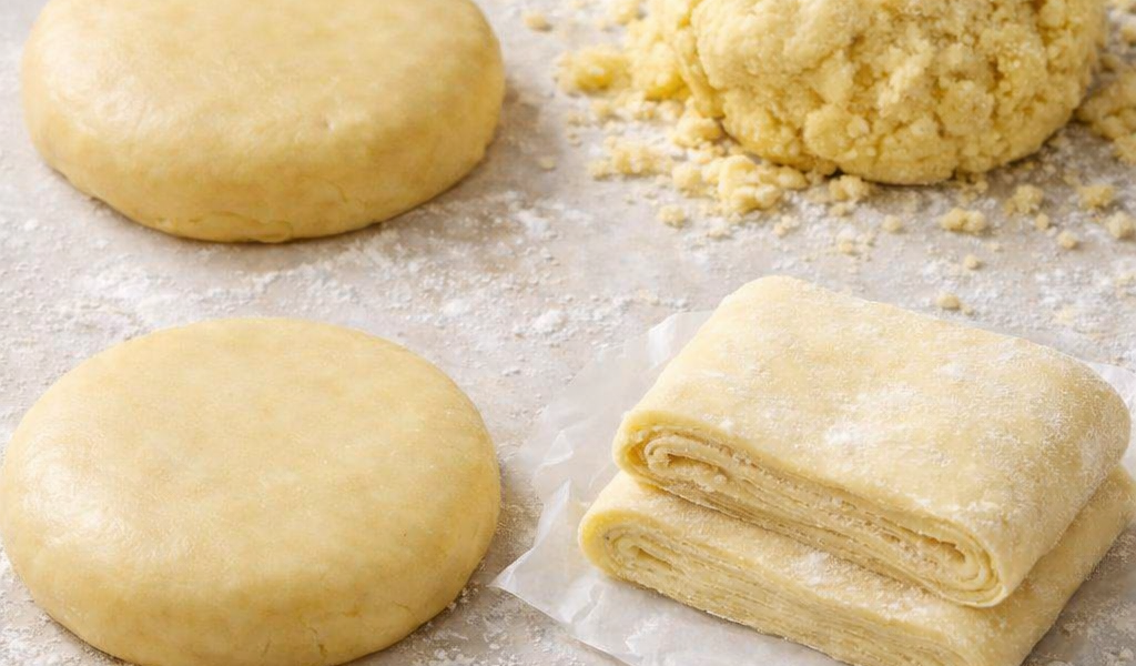 Quatre pâtes de base en pâtisserie — sucrée, sablée, brisée et feuilletée — disposées sur un plan légèrement fariné.
