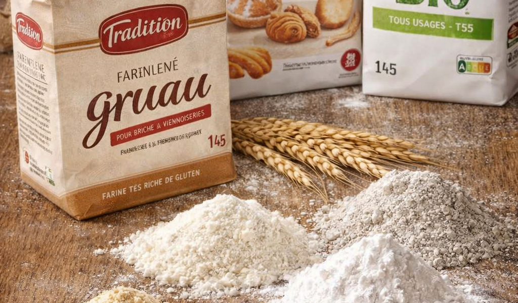 Différents types de farines disposés sur une table en bois clair — farine de blé, gruau, bio, complète, amande, coco, sarrasin et fécule de maïs — éclairés par une lumière douce et chaleureuse, dans un style food photography naturel.