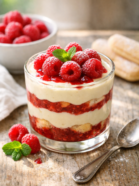 Tiramisu aux framboises en verrine, dessert italien frais et fruité, crème mascarpone onctueuse et coulis acidulé, décoré de framboises et de menthe sous lumière naturelle.