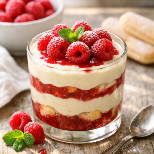 Tiramisu aux framboises en verrine, dessert italien frais et fruité, crème mascarpone onctueuse et coulis acidulé, décoré de framboises et de menthe sous lumière naturelle.