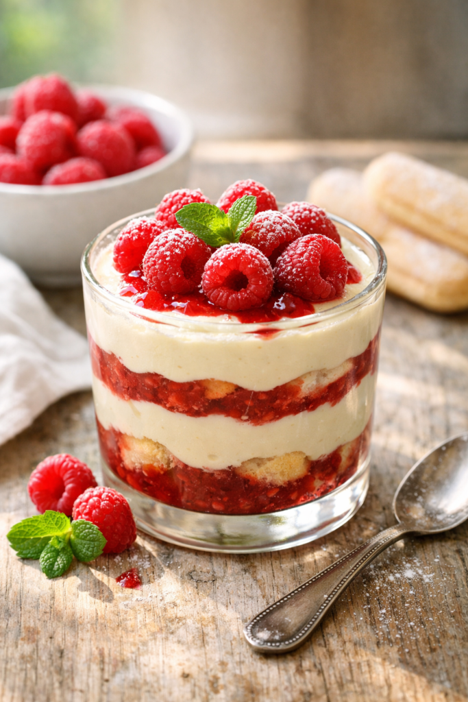 Tiramisu aux framboises en verrine, dessert italien frais et fruité, crème mascarpone onctueuse et coulis acidulé, décoré de framboises et de menthe sous lumière naturelle.