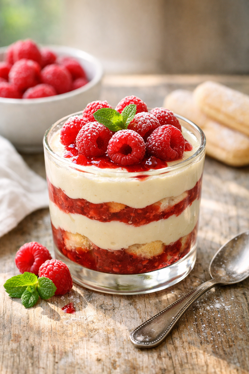 Tiramisu aux framboises en verrine, dessert italien frais et fruité, crème mascarpone onctueuse et coulis acidulé, décoré de framboises et de menthe sous lumière naturelle.