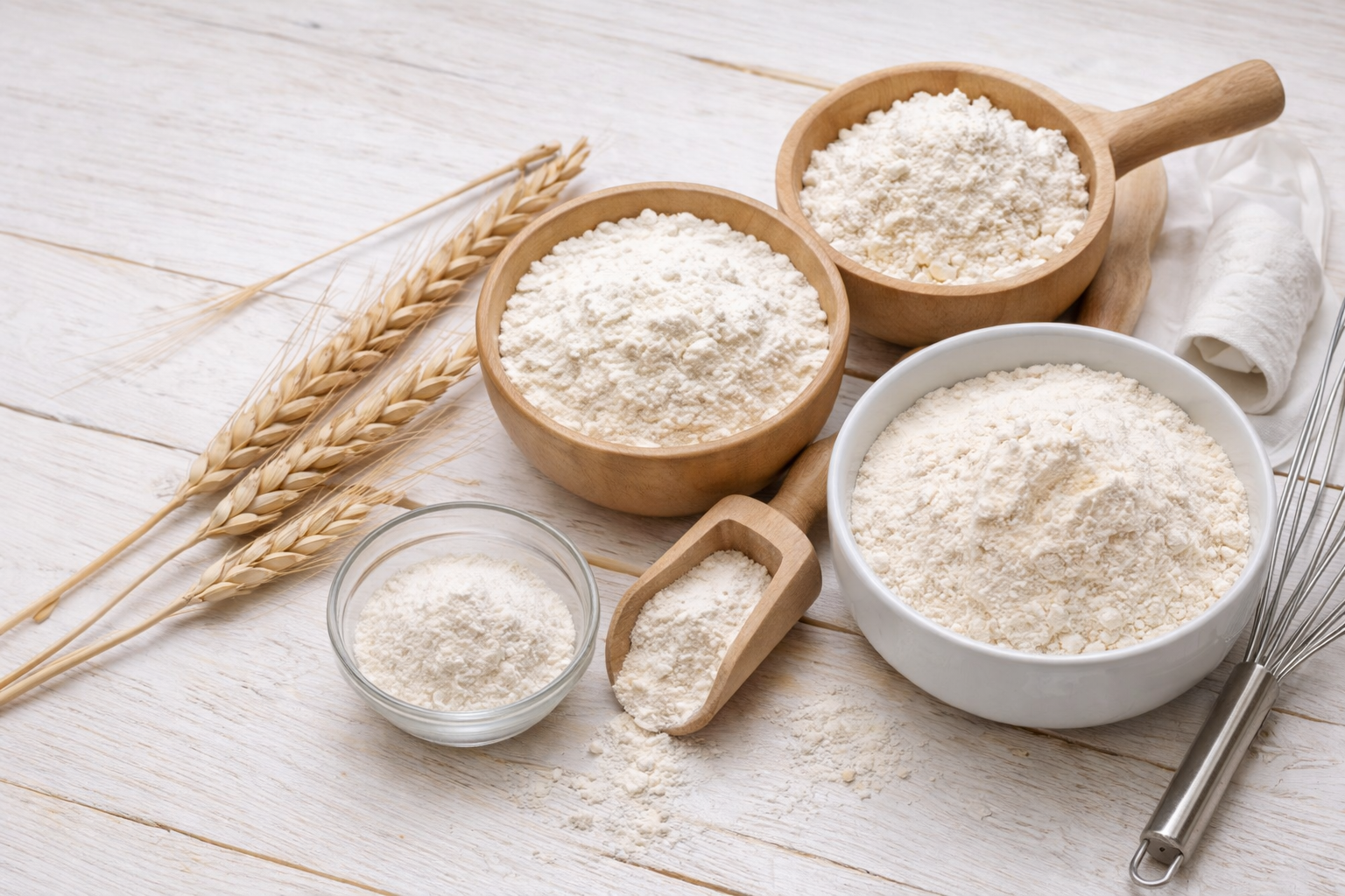 Différentes farines de pâtisserie disposées dans des bols et des ustensiles sur une surface en bois claire, accompagnées d’épis de blé et d’un fouet.
