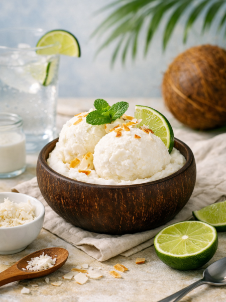 Sorbet coco antillais servi dans un bol style demi noix de coco, décoré de zeste de citron vert, menthe fraîche et copeaux de coco grillés, sur fond tropical moderne.