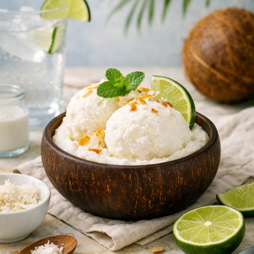 Sorbet coco antillais servi dans un bol style demi noix de coco, décoré de zeste de citron vert, menthe fraîche et copeaux de coco grillés, sur fond tropical moderne.