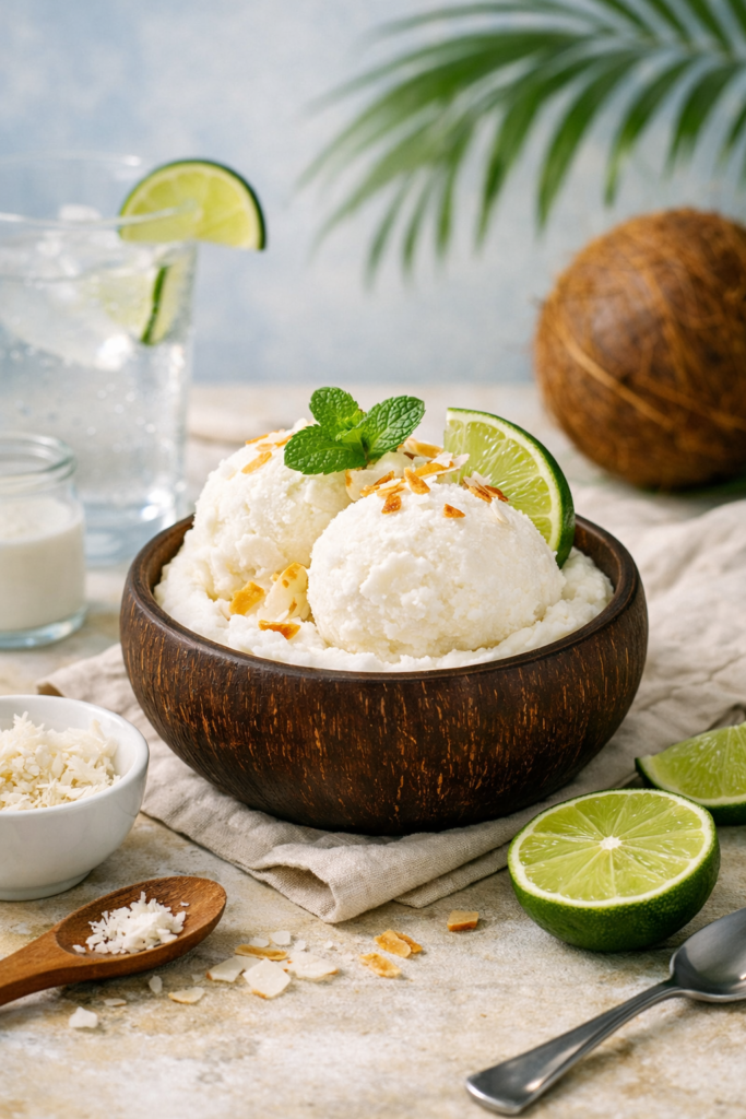 Sorbet coco antillais servi dans un bol style demi noix de coco, décoré de zeste de citron vert, menthe fraîche et copeaux de coco grillés, sur fond tropical moderne.